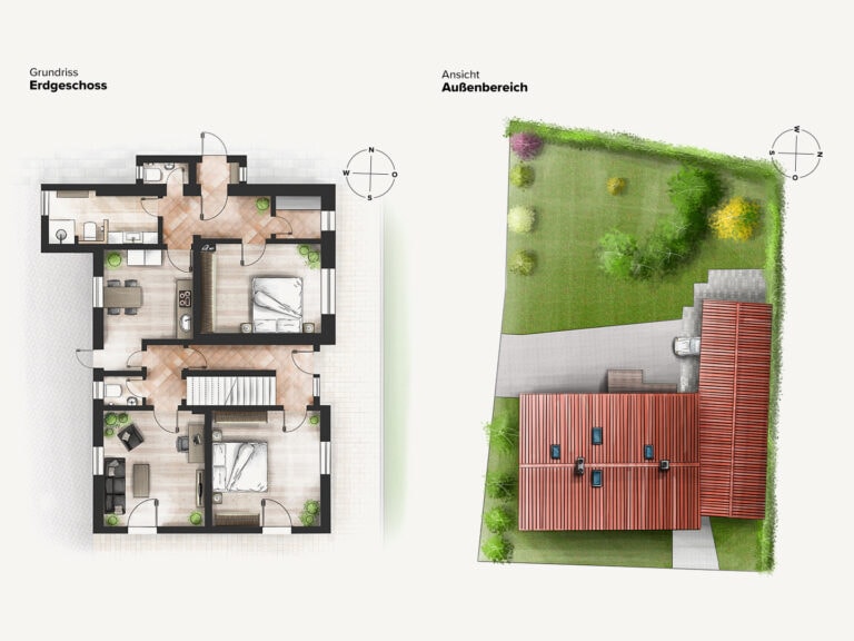 Grundriss EG und Aussenansicht | Zweifamilienhaus in Ruhpolding