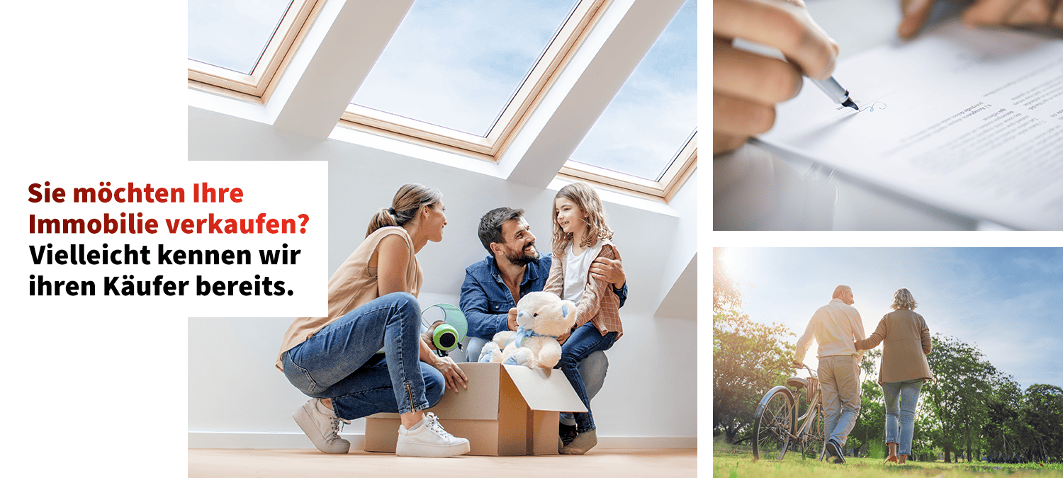 Die Käuferfamilie im neuen Zuhause, Kaufvertragsunterzeichnung beim Notar und Aufbruch der Verkäufer in einen neuen Lebensabschnitt.